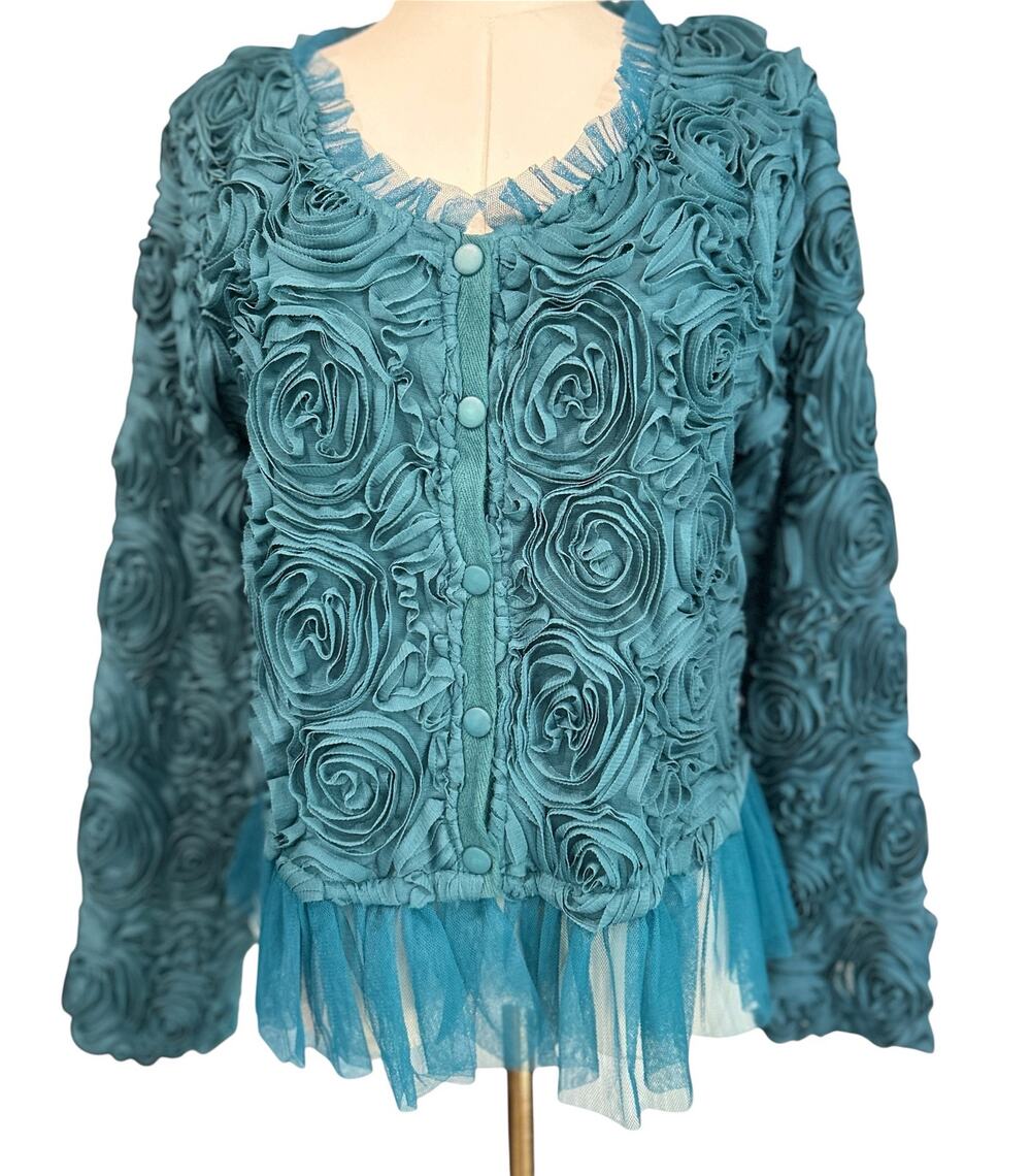 Pretty Angel Teal NWT 3D Rosette Tulle Peplum Blouse Top Artsy Lagenlook Large